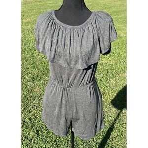 Ruffle Romper Womens Gray Off Shoulder Elastic Waist Knit Jersey Playsuit Casual
